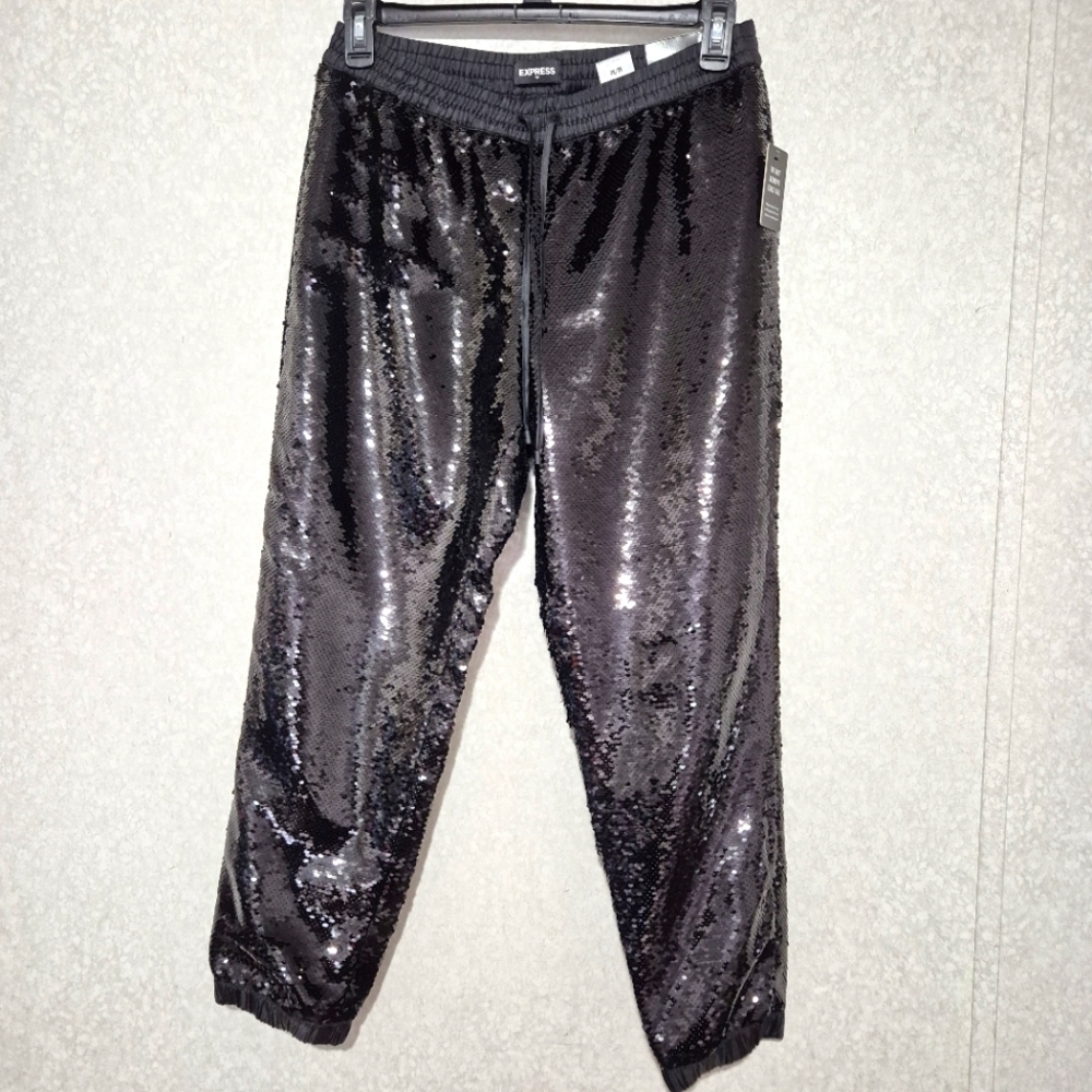 NWT Express Ankle High Rise  Black Sequin Pants..Joggers...Size:M